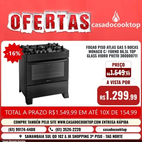 FOGAO PISO ATLAS GAS 5 BOCAS MONACO C/ FORNO 86,5L TOP GLASS VIDRO PRETO