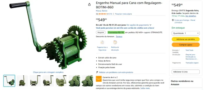 Moenda de Cana Botine 3 Engrenagens