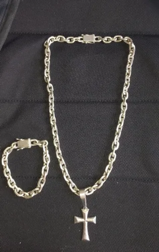 Conjunto ,cordão +pulseira de pingente crucifixo de prata 950