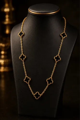 Colar Trevo Ônix em Ouro 18k 750