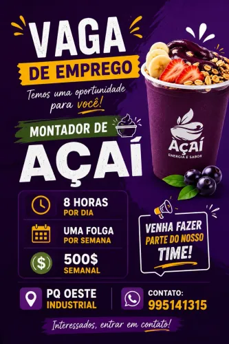 VAGA DE EMPREGO MONTADOR DE AÇAÍ