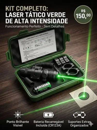 Laser Apontador Verde de Alta Intensidade - Kit Completo com Bateria Recarregável (R$ 150)