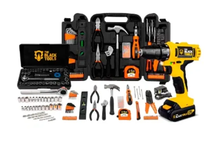 KIT COMPLETO DE FERRAMENTAS 169 PEÇAS + FURADEIRA/PARAFUSADEIRA SEM FIO 12V