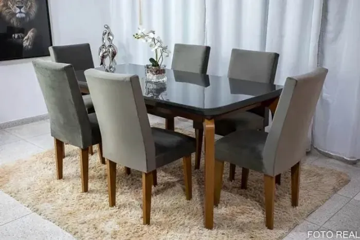 Mesa Jantar Londrina Imbuia Tampo c/ 6 Cadeiras Luxo Veludo Cinza Até 12x - Frete Grátis