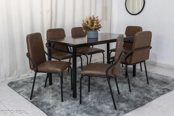 Mesa Tampo Pedra Amadeirado Marrom 140x75 6 Cadeiras Korino rf65