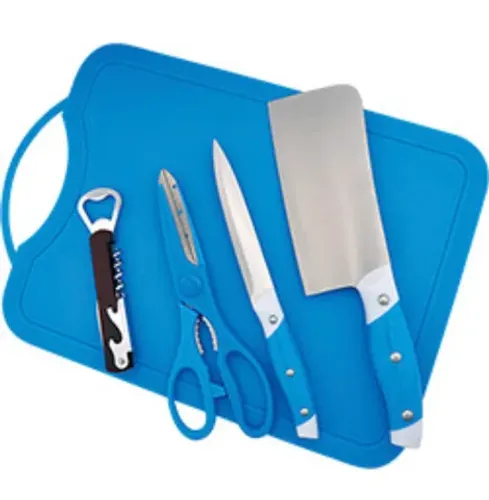 Conjunto De Corte Faca Tabua Tesoura Abridor Para Cozinha Azul 5 Peças - Casita