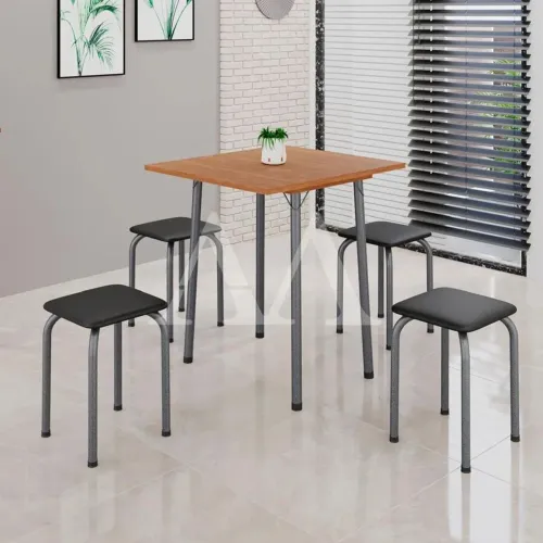Mesa de Cozinha 4 Banquetas Soma Luana 68x68 Quadrada Preto / Prata / Cinamomo 