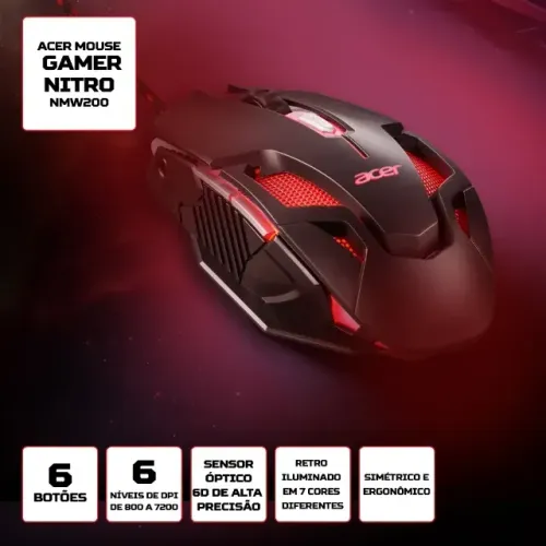 Mouse Gamer Acer Nitro - NOVO, Retroiluminado em RGB, 7 Cores, 6 Botões, 7200 Dpi, 125 Mhz