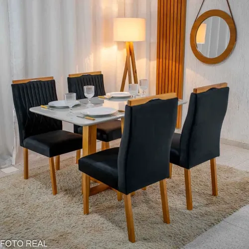 Mesa de Jantar 120×80 Vidro Off/Base Madeira + 4 Cad. Genova rf223
