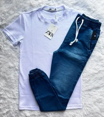 Kit Camisa Branca e Calça Jogger jeans