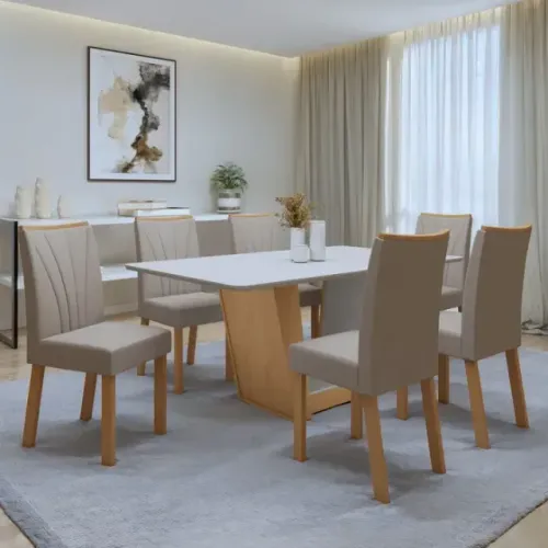 Mesa de Jantar 6 Cadeiras Com Tampo na cor Naturale Creme