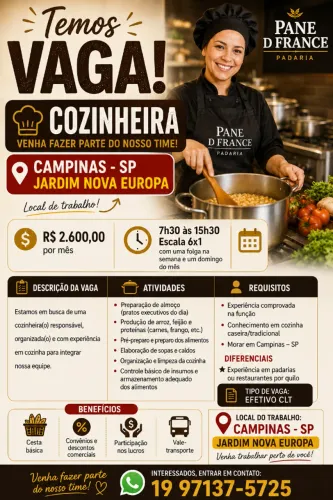 Cozinheira - 7h30 ás 15h30 - Campinas. Jardim Nova Europa