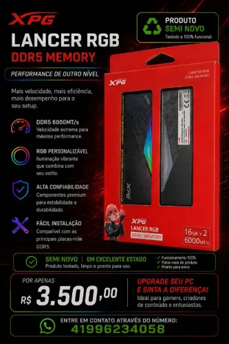 MEMÓRIA RAM XPG LANCER RGB DDR5 32GB (2x16GB) 6000MT/s | SEMINOVA ?