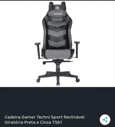Cadeira Gamer Techni Sport Reclinável Giratória Preta e Cinza TS61