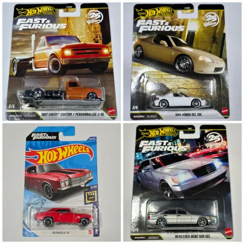 4 Hot Wheels - Velozes e Furiosos - Chevy C-10, Honda Del Sol, Mercedes 500 SEL e Chevelle