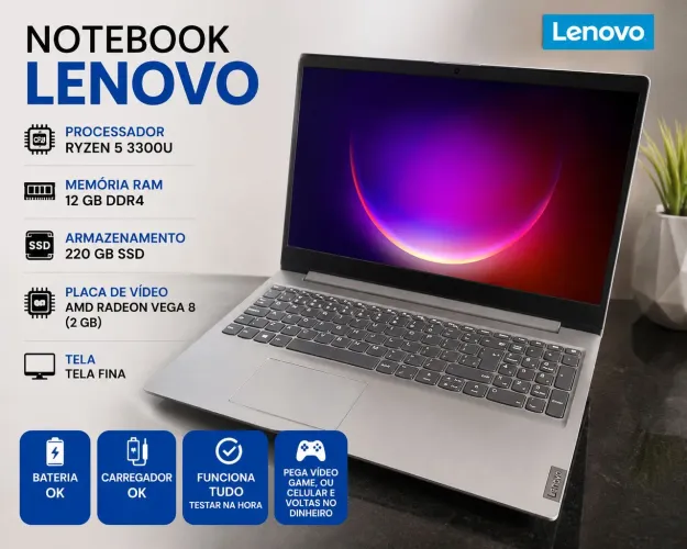 Notebook Lenovo 12 GB + SSD tela fina funcionando tudo