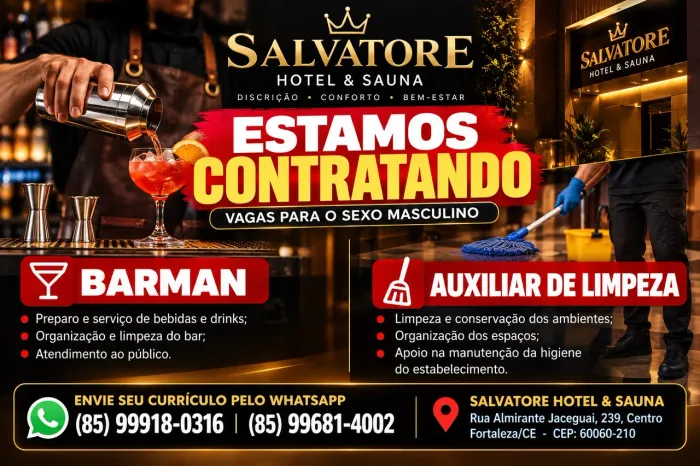 CONTRATA-SE - BARMAN E AUXILIAR DE LIMPEZA ? ESTAMOS COM VAGAS ABERTAS!