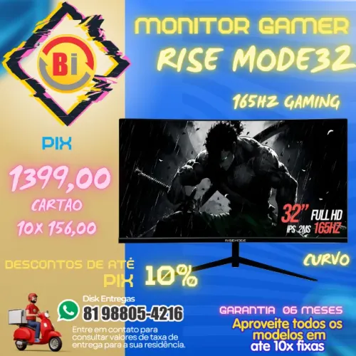Monitor Gamer Rise Mode Retina 32" Full HD Curvo, 165hz, IPS, HDMI e DisplayPort