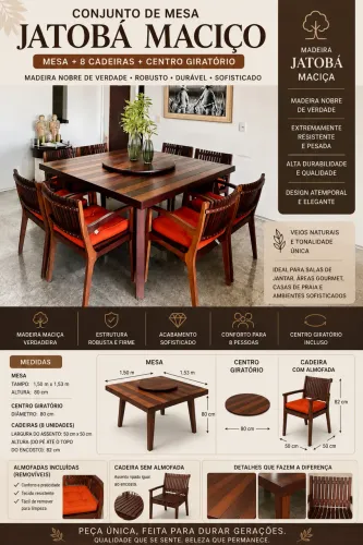 MESA MADEIRA JATOBÁ MACIÇO C/ 8 CADEIRAS