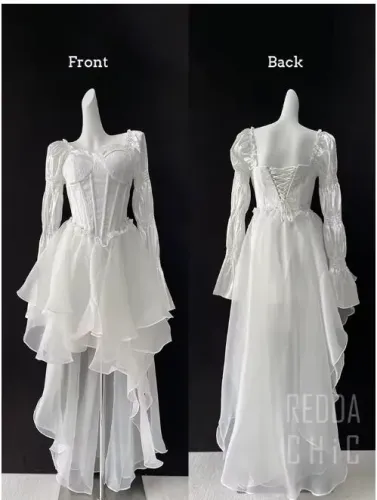 Vestido de festa feminino com bordado floral branco e mangas bufantes
