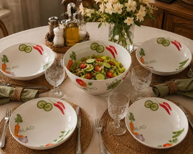 01 tigela + 04 pratos para saladas