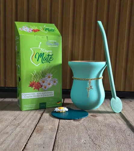 Kit para Chimarrão. Cuia, bomba, biscuit, choker e erva-mate
