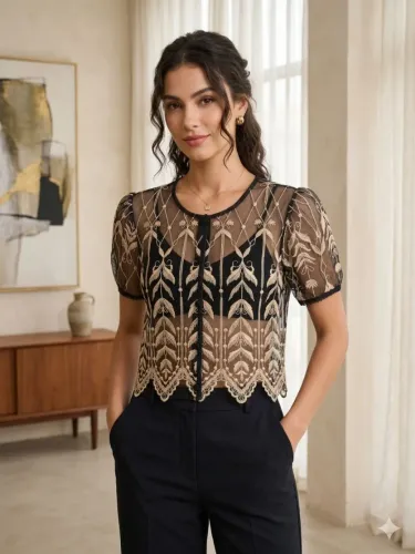 Blusa de festa com bordado Dourado transparente