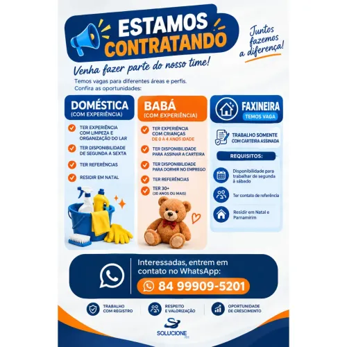 VAGAS EM NATAL - DOMÉSTICA E BABÁ