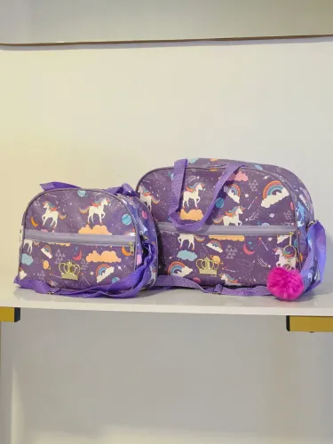 Kit C/ 2 Peças Mala Maternidade e Saida Hospital Reforçada Estampa Unicornio Com POMPOM