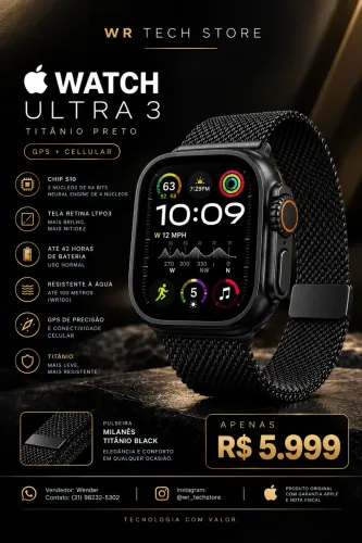 Apple Watch Ultra 3 Black | Pulseira Milanês titânio Black | 49MM GPS+CEL