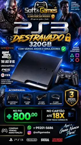 Ps3 destravado 320gb com jogos aceito cartão loja física