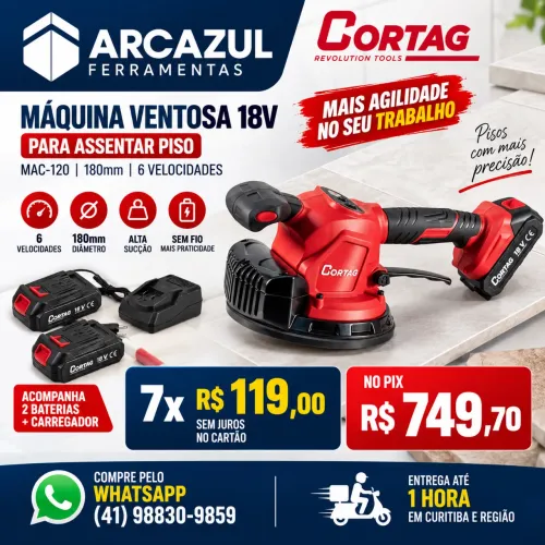 Máquina para Assentar Piso Ventosa Vibratória 18v 180mm 6 velocidades 2 baterias 