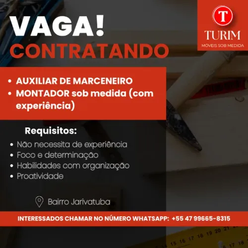 Vaga para Montador e Auxiliar de marceneiro