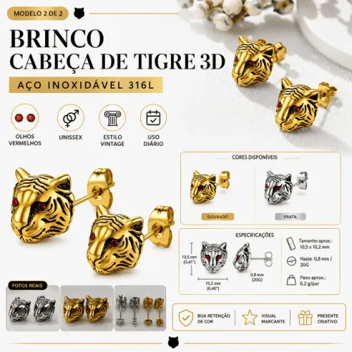 Brinco Unissex Cabeça de Tigre/Gato 3D | Aço Inoxidável 316L | Estilo Vintage Retrô