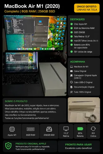 MacBook Air M1 2020 - Completo com Caixa e Acessórios Originais