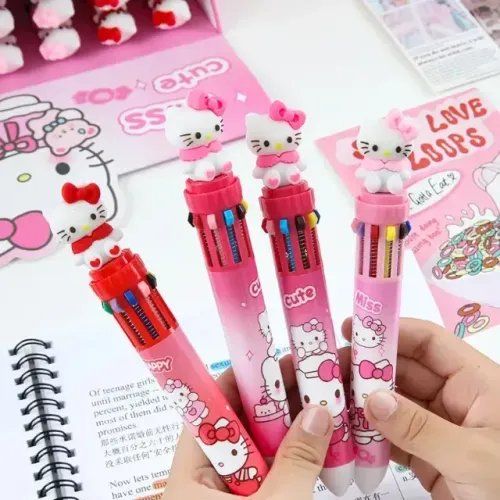 Caneta 10 Cores Hello Kitty Sanrio Kawaii Papelaria Fofa
