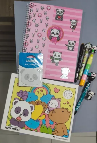 Kit papelaria caderno livro pintura canetas lapiseira borracha marca texto