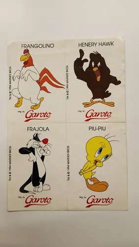 Figurinha Chocolate Garoto cartela com 4 Personagens Looney Tunes