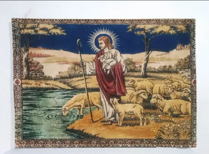 Quadro Tapeçaria felpudo antiga jesus bom pastor ovelhas oriental