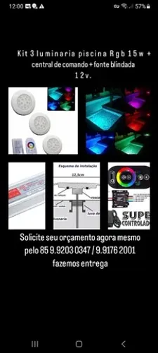 Kit 3 luminária piscina de 15w Rgb + 1 central de comando + 1 fonte blindada 6a ip66