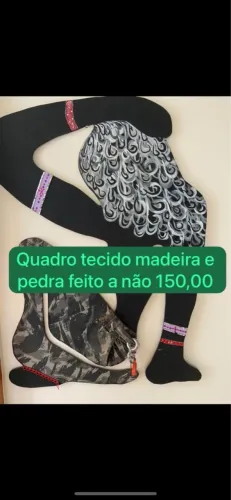 Quadro de tecido madeira e pedras feito a mão