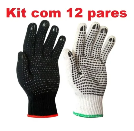Kit com 12 pares de Luvas Pano Pigmentada de Segurança Com CA Preto e Branco