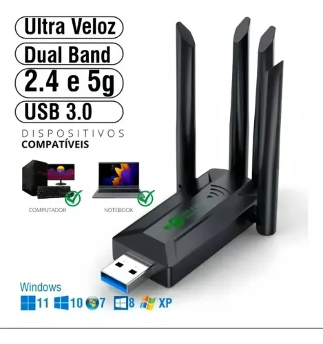Adaptador USB WiFi Dual Band 2.4Ghz/5Ghz Ultra Veloz