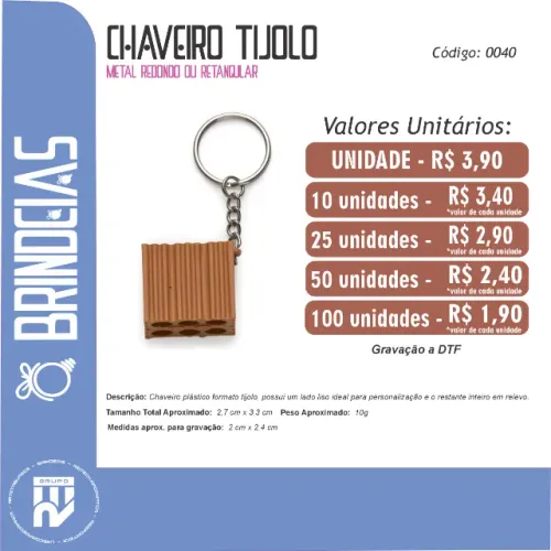 Chaveiro Plástico formato tijolo personalizado 