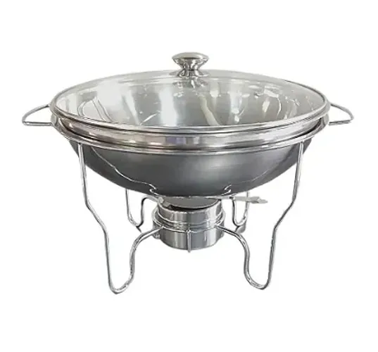 Rechaud Redondo Aço Inox Banho Maria Suporte Tampa Vidro
