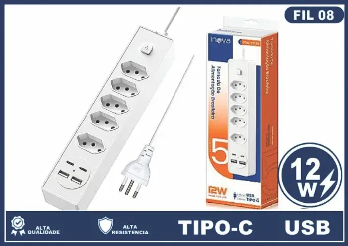 EXTENSÃO DE 5 TOMADAS CABO 2M COM 2 USB C 2 USB