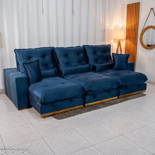 Sofá Retrátil Reclinável Mônaco 3.20m Veludo Azul A16 - Molas Ensacadas Rf76