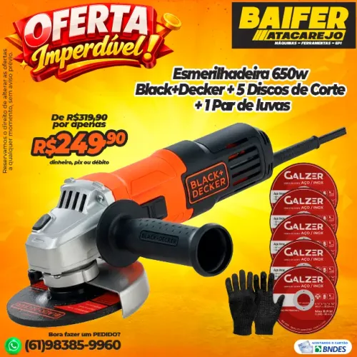 Esmerilhadeira 650w G650 Black+Decker + 5 Discos de Corte + 1 Par de luvas