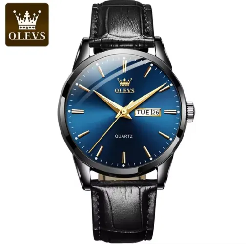 Relógio de Pulso Premium OLEVS 6898 Black Blue Lindo Belo Elegante Pulseira Couro Preto 