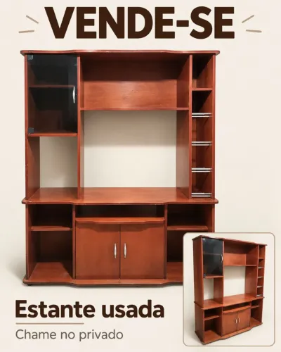 Estante para TV Usada com Armário, Porta de Vidro e Prateleiras - Bem Conservada